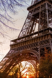Eiffel Tower's grandeur at sunset with vibrant skies and bare branches