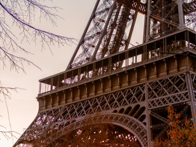 Eiffel Tower's grandeur at sunset with vibrant skies and bare branches
